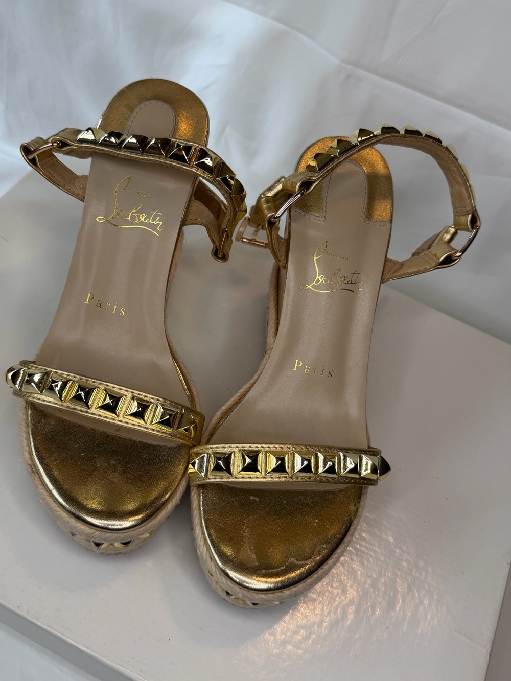 Christian Louboutin Gold Pyramid-Stud Ankle Strap Sandals - Picture 2 of 6